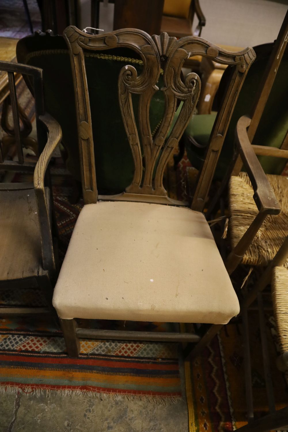 A Regency simulated bamboo elbow chair, George III provincial elbow chair and 3 others